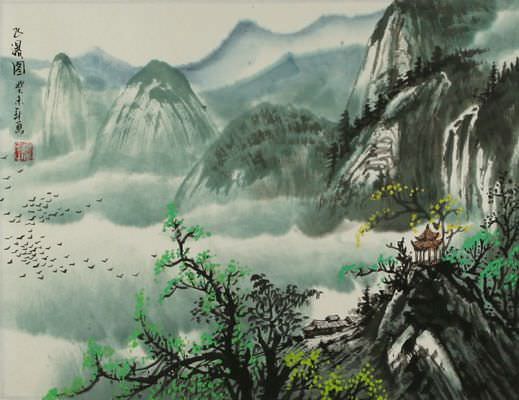 Chinese Mountain Pagoda Landscape Painting