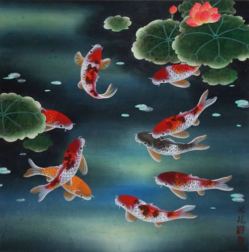 Nine Koi Fish and Lotus Flowers - Chinese Painting