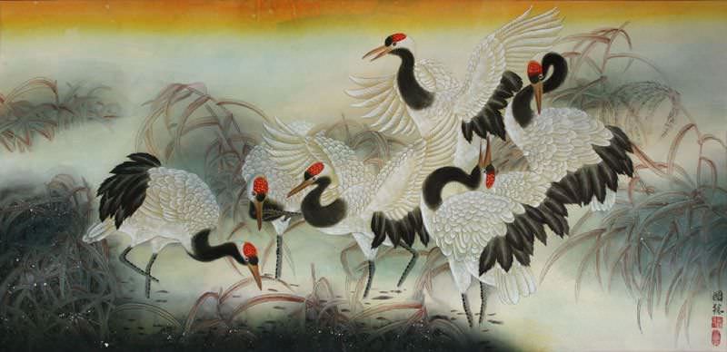 Large Chinese Cranes Painting