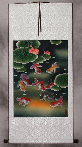 Gold Fish & Flowers - Asian Scroll