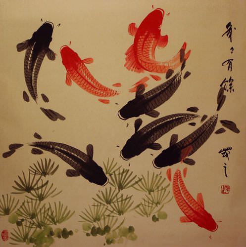 Large Koi Fish Painting on Antiqued Chinese Paper