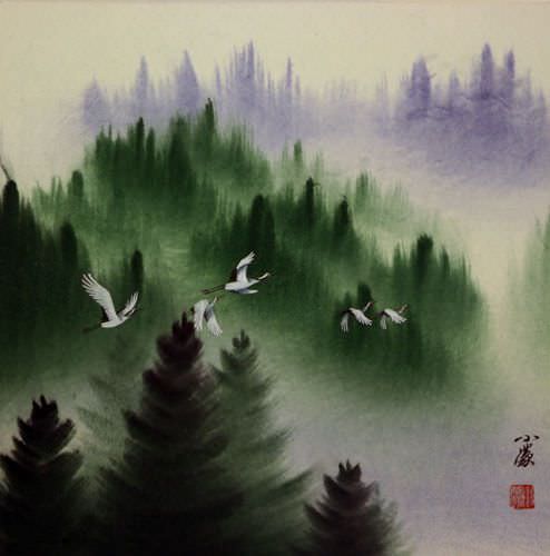 Homeward Bound Cranes - Asian Art Portrait
