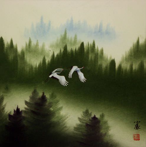 Companions - Colorful Cranes Landscape Painting