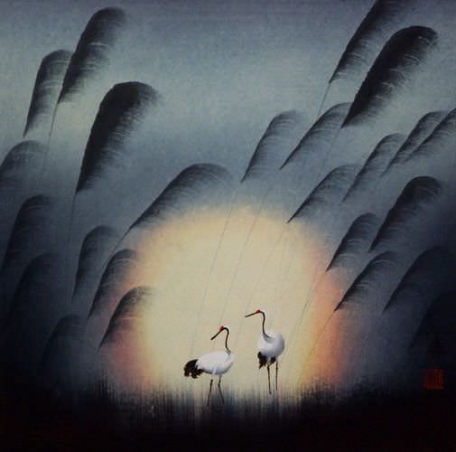 Cranes in Reed Grass - Asian Art Painting