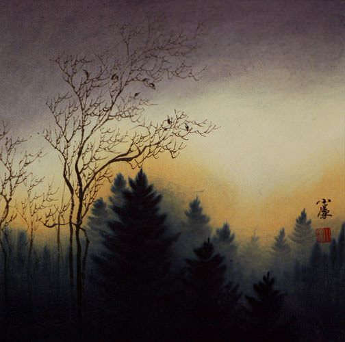 Twilight Birds - Colorful Asian Landscape Painting