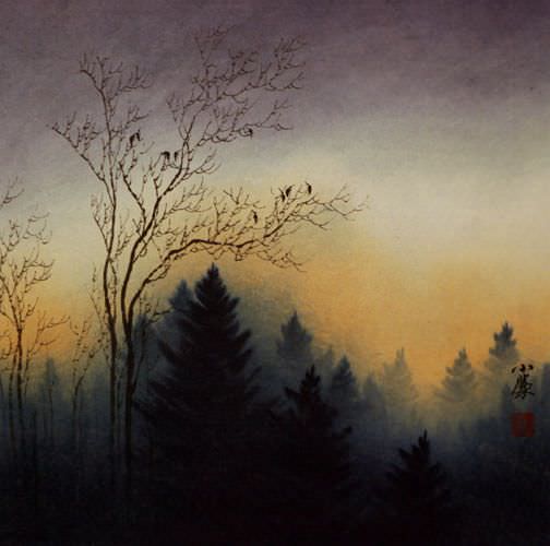 Twilight Birds - Colorful Asian Landscape Painting