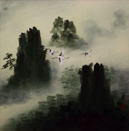 Immortal Guests - Flying Cranes Landscape Painting