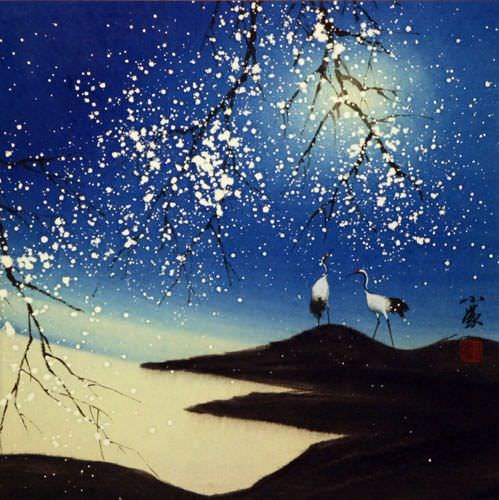 Blue Dreams - Chinese Cranes Landscape Painting