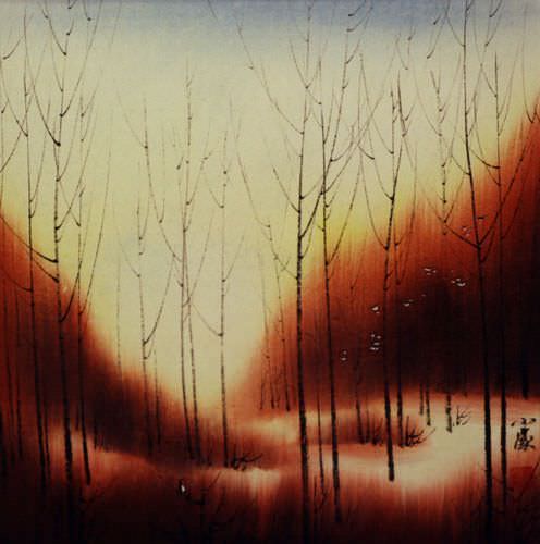 Sunset Dyes the Forest with Color - Asian Landscape Painting