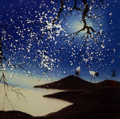 Blue Dreams - Asian Cranes Landscape Painting