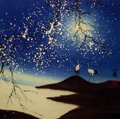 Blue Dreams - Chinese Cranes Landscape Painting