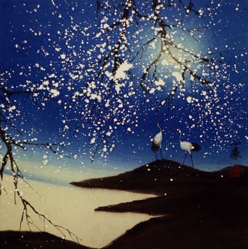 Blue Dreams - Chinese Cranes Landscape Painting