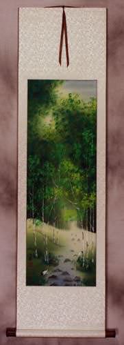 Singing Cranes - Asian Mountain Stream Wall Scroll