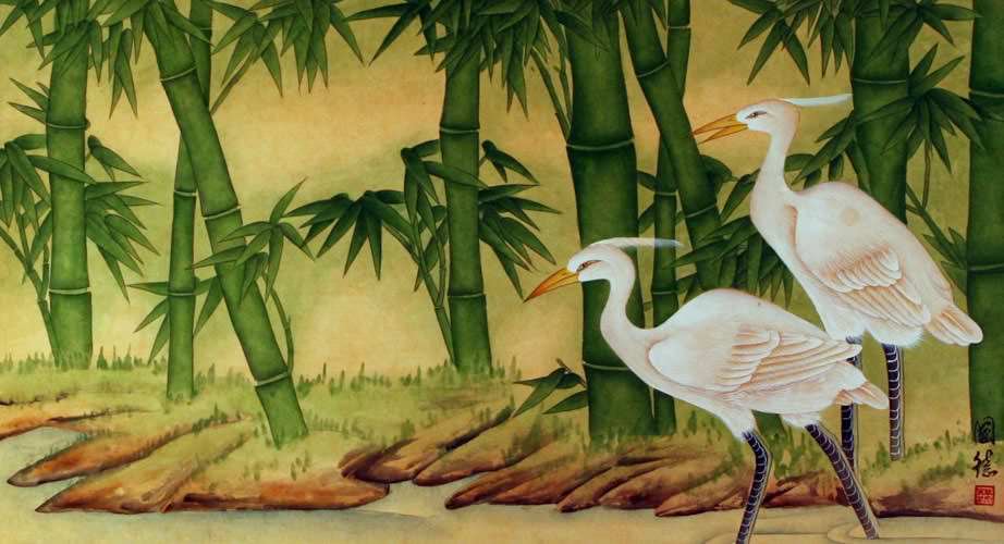 Egrets and Bamboo Painting