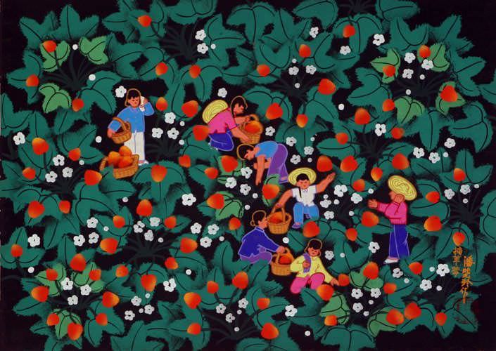Picking Strawberries - Chinese Peasant Folk Art Painting