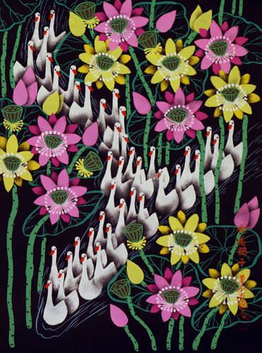 Lotus and Geese - China Peasant Folk Art Painting