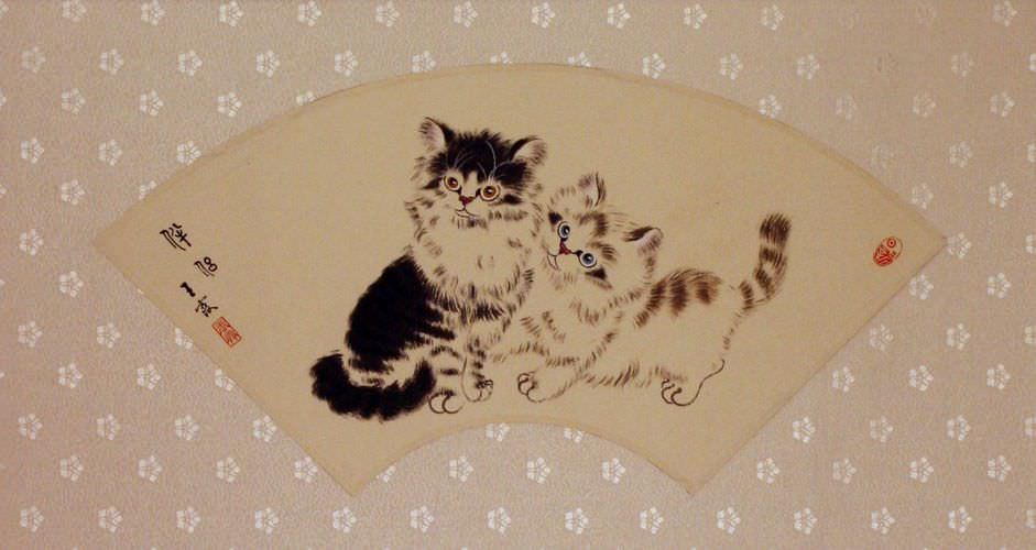 Fan-Style Kittens and Butterfly Painting