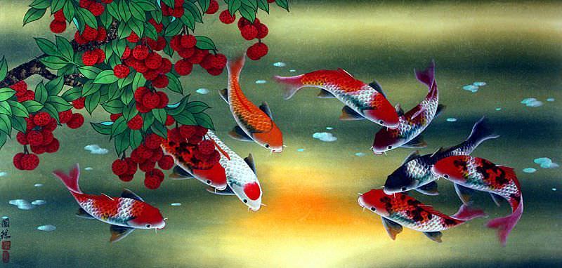 Huge Koi Fish and Lychee Fruit Painting
