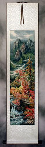 North Korean Colorful Landscape Wall Scroll