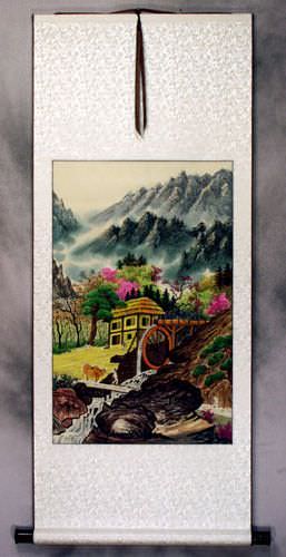 North Korean Water Wheel Village Wall Scroll