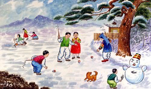 North Korean Snowy Village Children Painting