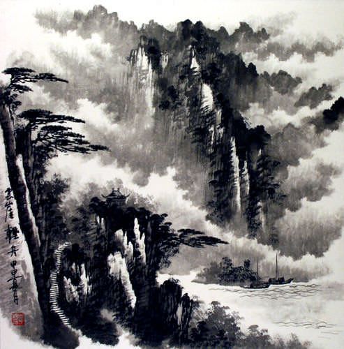 Waterfall & Pine Tree Mountain Painting