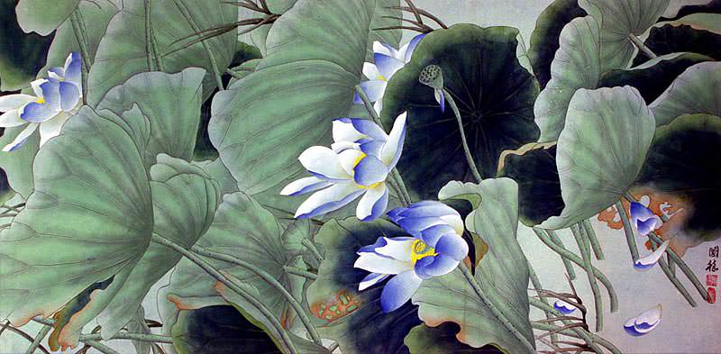 Beautiful Blue Lotus Flowers - Large Painting