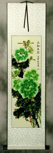 Green Asian Peony Flower Wall Scroll