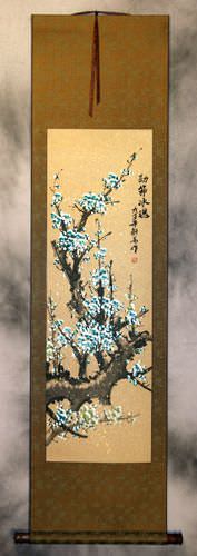 Colorful Blue Plum Blossom Wall Scroll
