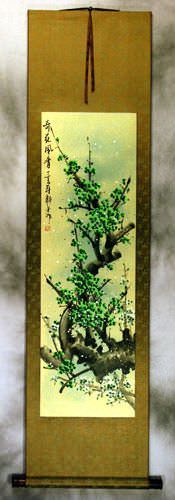 Chinese Green Plum Blossoms Wall Scroll