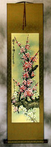 Colorful Pink and White Plum Blossom Wall Scroll