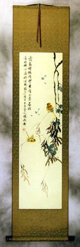 Winter Refuge in the Forest - Bird and Flower Wall Scroll