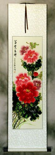 Long Red and Pink Peony Flower Wall Scroll