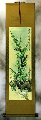 Colorful Green Plum Blossoms Wall Scroll