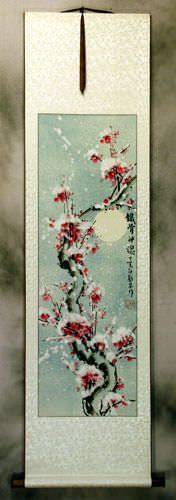 Blooming Chinese Snow Plum Blossoms Wall Scroll