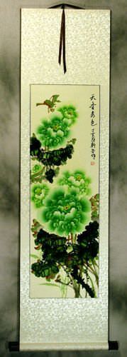 Green Chinese Peony Flower Wall Scroll