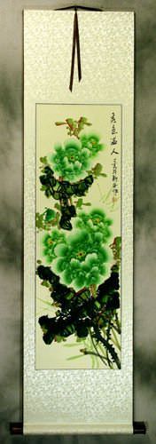 Green Peony Flower Asian Scroll