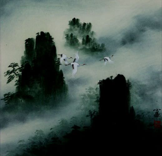 Immortal Guests - Flying Cranes Landscape Painting