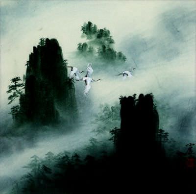 Immortal Guests - Flying Cranes Landscape Painting