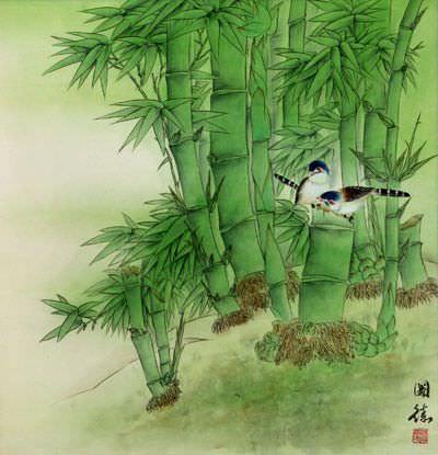 Birds and Green Bamboo Painting
