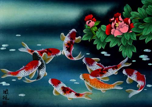 Nine Koi Fish Masterpiece - Asian Painting