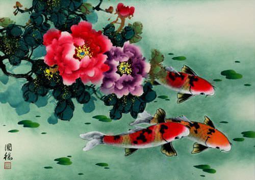 Koi Fish & Peony Flowers Art