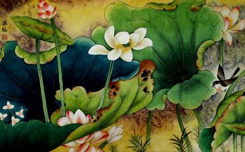 glass paintings of birds. Little Bird in the Lotus