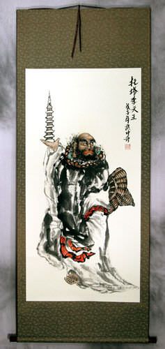 Pagoda Held in the Hand of Da Mo / Bodhidharma / Buddha - Wall Scroll