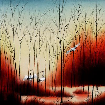 Sunset Dyes the Forest with Color - Chinese Birds Painting