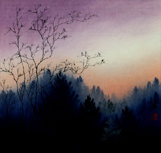 Twilight Birds - Colorful Asian Landscape Painting