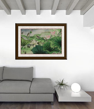 Small Birds and Beautiful Lotus Painting living room view