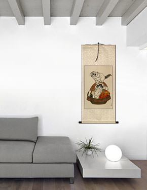 Chinese Kittens in Basket Wall Scroll living room view