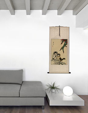 Asian Kittens - Chinese Art Scroll living room view