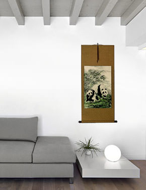 Fun-Loving Chinese Pandas Wall Scroll living room view